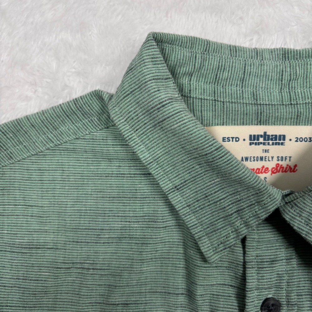 Y2K Urban Pipeline Button Shirt Men S Green Texture Stripe Soft Pockets Roll Tab